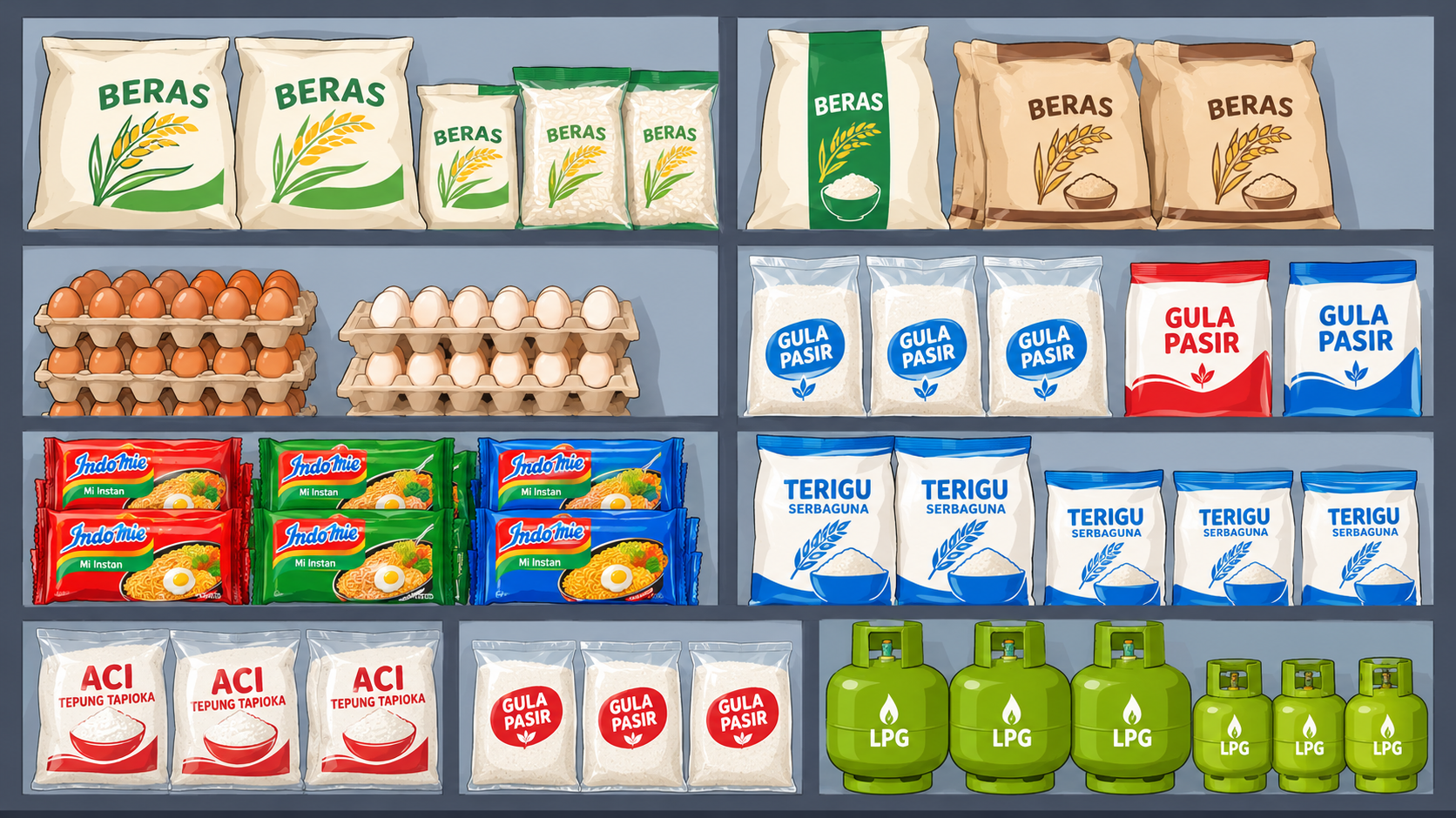 Rak sembako berwarna-warni di supermarket